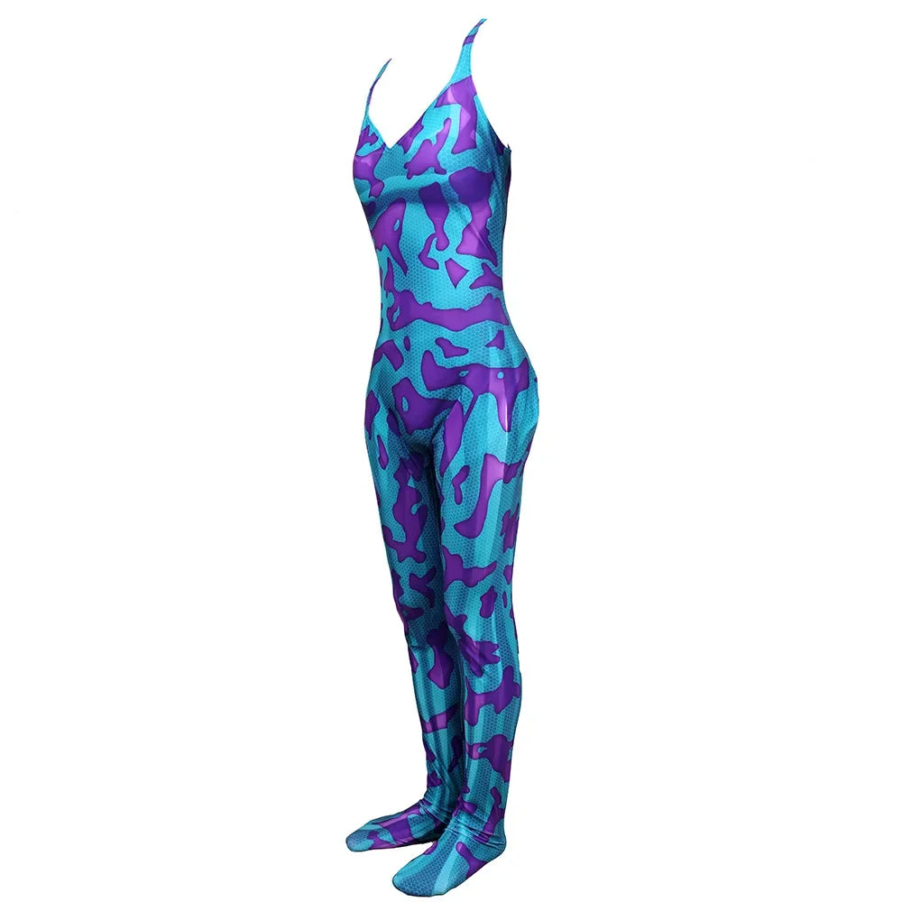 Anime My Hero Academia Ashido Mina Cosplay Costume Zentai Bodysuit One-Piece, featuring an artistic sketch of a leotard worn by a woman.