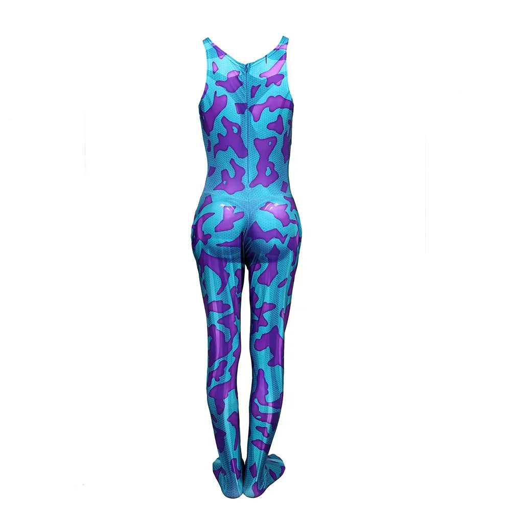 Anime My Hero Academia Ashido Mina Cosplay Costume Zentai Bodysuit One-Piece featuring a detailed illustration of a person wearing a blue and purple leotard.