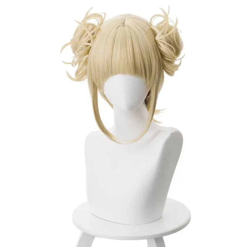 Mannequin wearing Anime My Hero Academia Boku No Hero Academia Cosplay Costume Himiko Toga JK Uniform Sweater Coat, featuring blonde wig with pigtails, for Halloween.