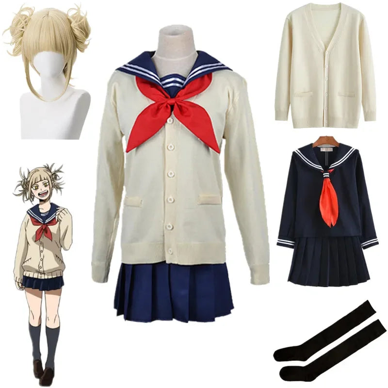 Anime My Hero Academia Boku No Hero Academia Cosplay Costume Himiko Toga JK Uniform: white sweater with red bow, black socks, and a blue skirt.