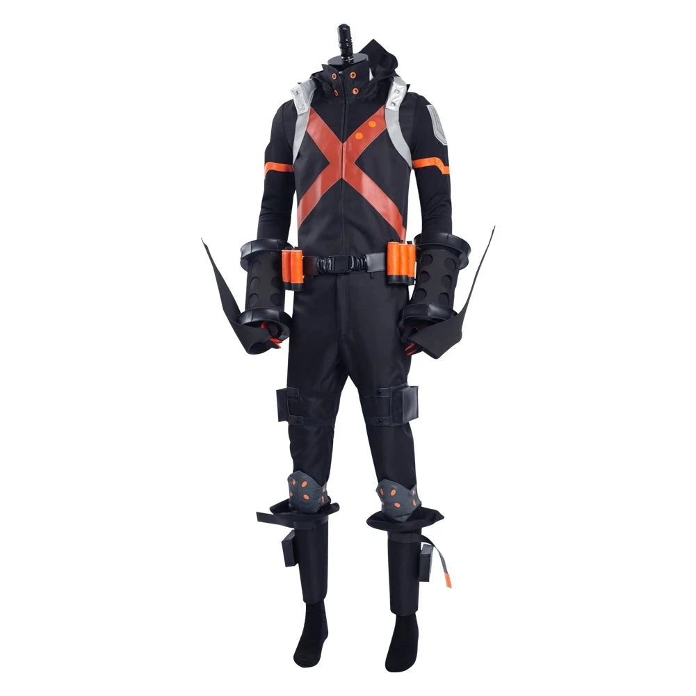 Person wearing Anime My Hero Academia Katsuki Bakugou cosplay costume, featuring a top and pants, designed as a battle uniform outfit.