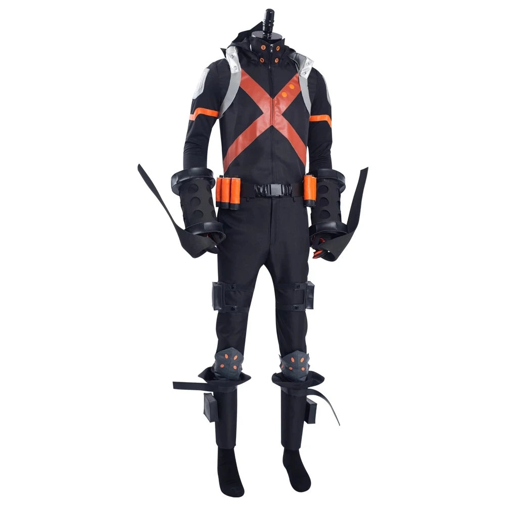 Person wearing Anime My Hero Academia Katsuki Bakugou cosplay costume, featuring a detailed battle uniform with visible protective gear and boots.