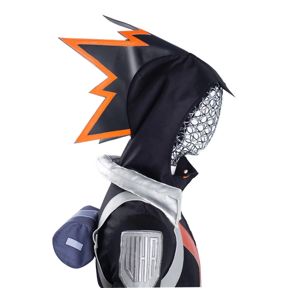 Person wearing an Anime My Hero Academia Katsuki Bakugou Cosplay Costume, featuring a ninja-style battle uniform, with a blue bag and logo visible.