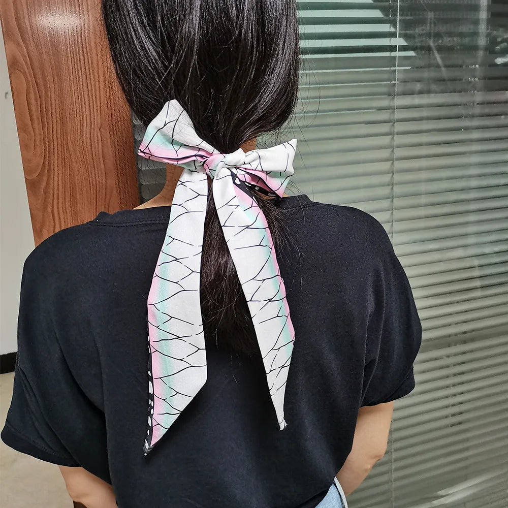 Demon Anime Cosplay Silk Scarf Nezuko Zenitsu Tanjirou Scrunch Scrunchies Ribbons Small Long Skinny Hair Ring