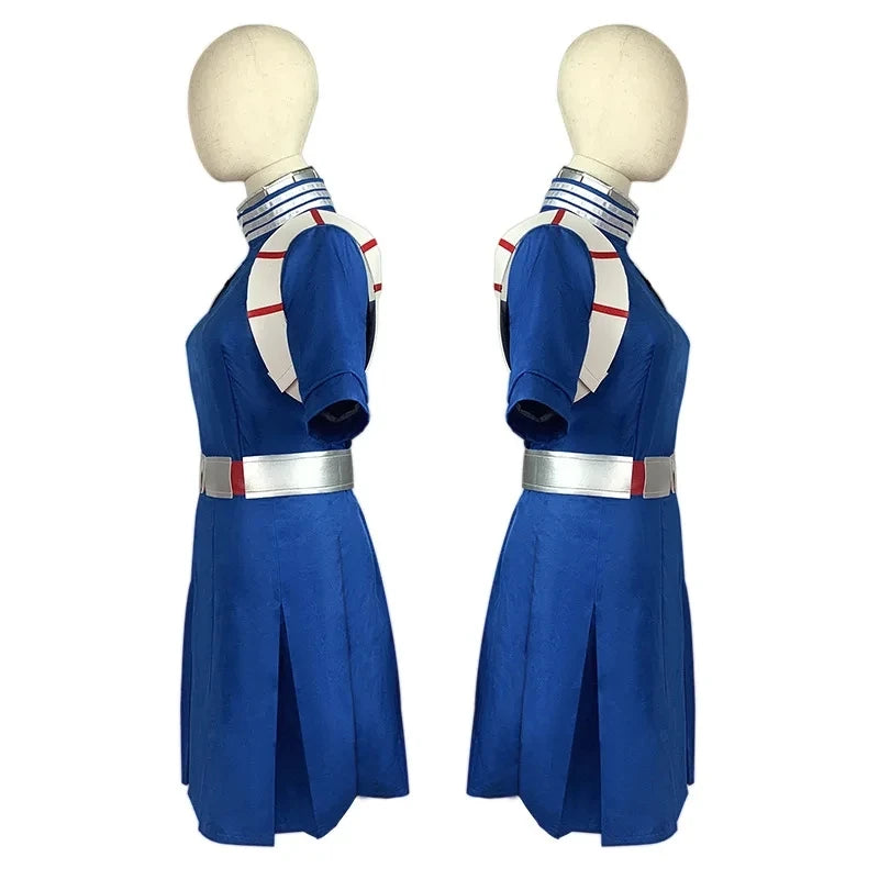 Two mannequins dressed as My Hero Academia Todoroki Shoto in school uniform cosplay, featuring dresses, skirts, and headwear.