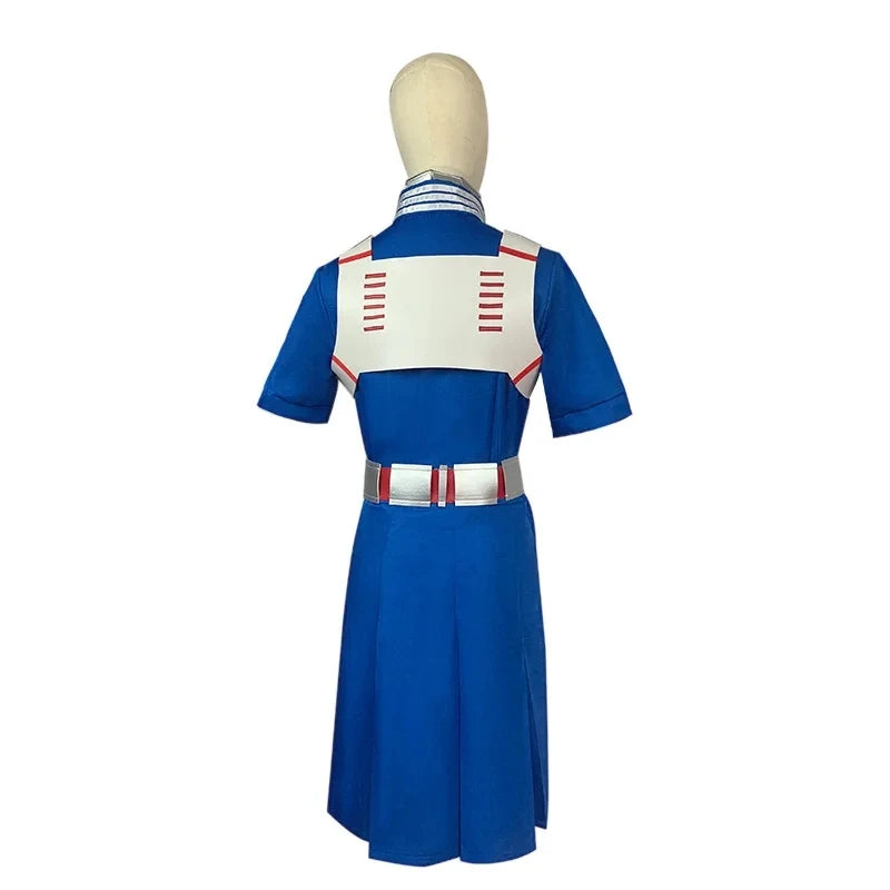 Mannequin dressed as My Hero Academia's Todoroki Shoto in cosplay uniform, including a blue dress, skirt, and accessories like wig, necklace, and headwear.