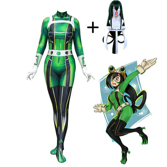 My Hero Academia Froppy Tsuyu Asui Cosplay Costume Spandex Zentai Suit Women Girls Bodysuits Halloween Adults Costume and Wigs