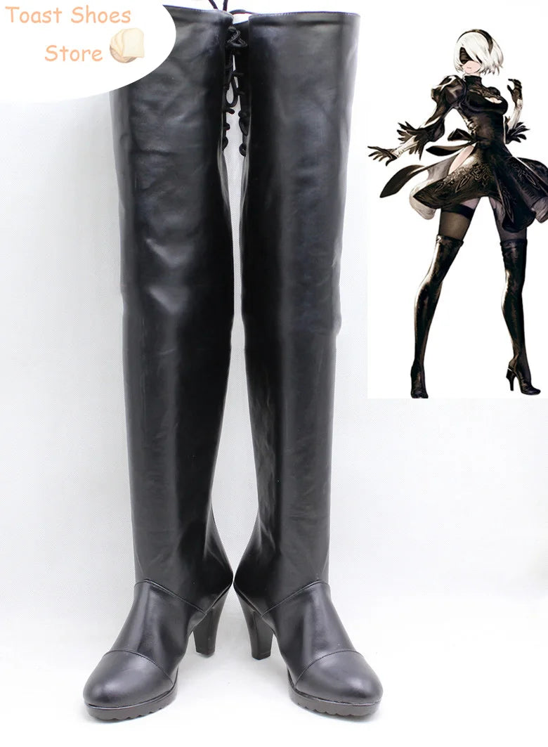 2B Cosplay Shoes Game NieR:Automata Cosplay Boots Black PU Leather Shoes Halloween Carnival Props Costume Prop