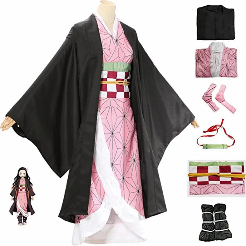 Anime Kamado Nezuko Cosplay Costume Demon Slayer Cosplay Uniform Clothes Kimono Wig Props Set Halloween Costume for Kids Adult