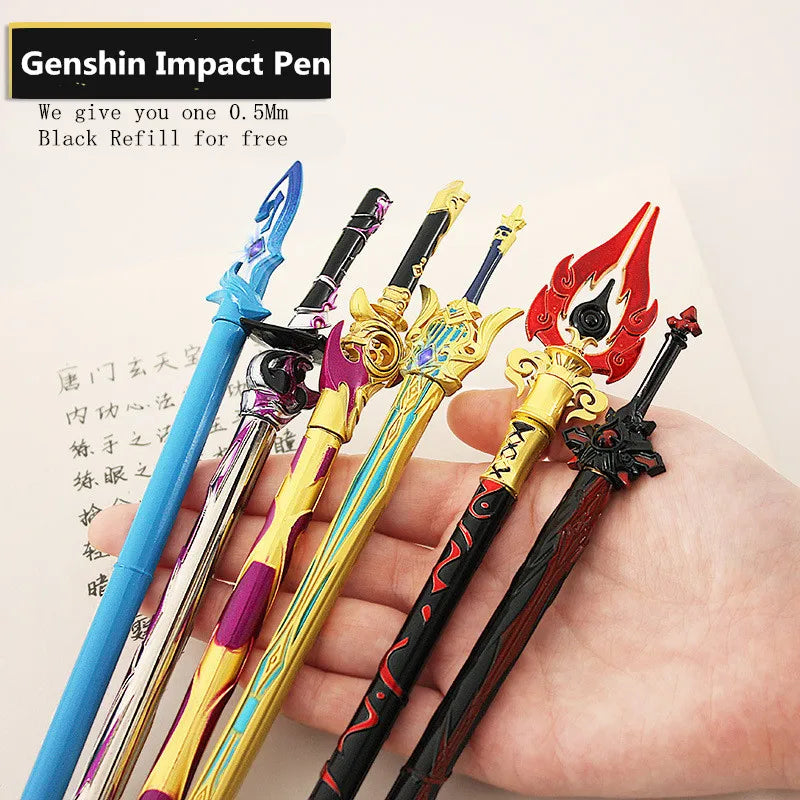 Game Genshin Impact Cosplay Weapons Sword Model Pen Tartaglia Metal Black Ink Pens Props Stationery Writing Pen Gifts Collection