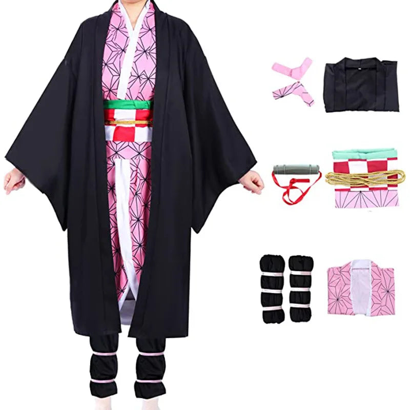 Anime Kamado Nezuko Cosplay Costume Demon Slayer Cosplay Uniform Clothes Kimono Wig Props Set Halloween Costume for Kids Adult