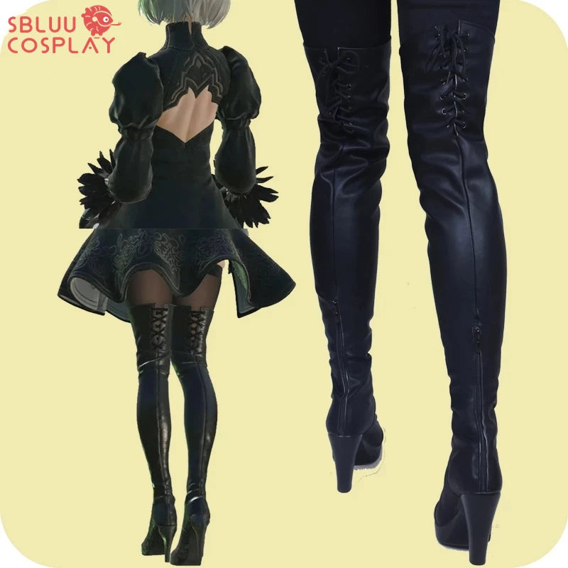 SBluuCosplay Game NieR Automata 2B Boots Cosplay Shoes PU Leather Boots