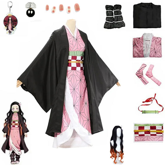 Anime Kamado Nezuko Cosplay Costume Demon Slayer Cosplay Uniform Clothes Kimono Wig Props Set Halloween Costume for Kids Adult