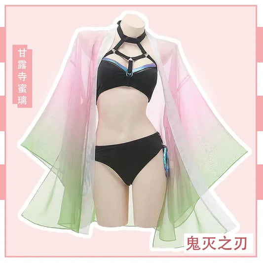 Anime Demon Slayer Kanroji Mitsuri Swimsuit Kochou Shinobu Cardigan Swimsuit Set Summer Bikini Beach Cosplay Costume Swimsuit