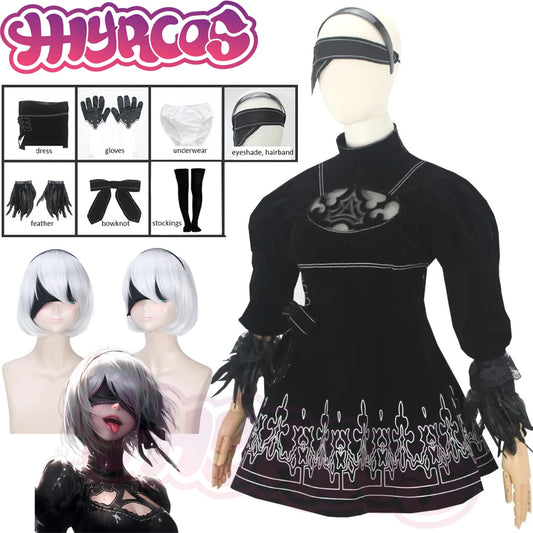 Game NieR YoRHa No. 2 Type B Cosplay Costume Wigs Automata 2B Dress Black Uniform 2B Dress Eyemask Glove Hairpin For Women Party | Macchar Cosplay Catalogue 