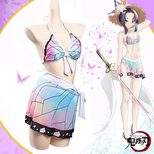 Demon Slayer Cosplay Swimsuit Kimetsu No Yaiba Kochou Shinobu Two Piece V Neck Bathing Bikini Swimsuit Sexy BikiniFree Sleeves