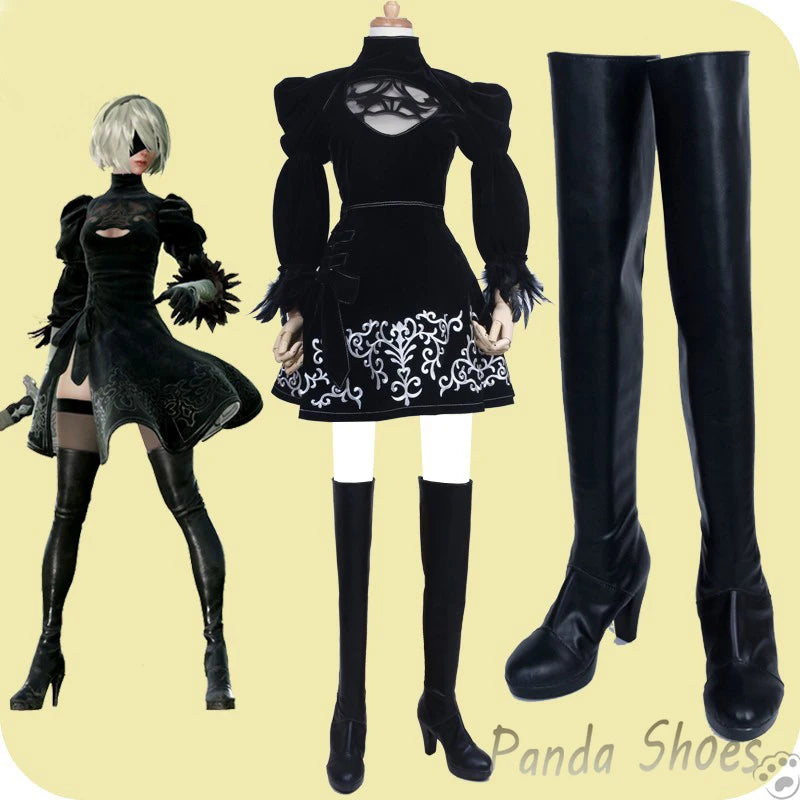 NieR Automata 2B Cosplay Shoes Anime Game Cos Long Boots YoRHa No.2 Type B Cosplay Costume Prop Shoes for Con Halloween Party | Macchar Cosplay Catalogue 