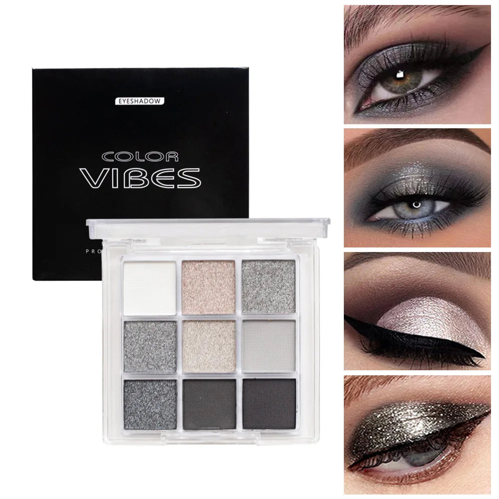 9 Colors Glitter Eyeshadow Palette Punk Smokey Cool Toned Eyeshadow Palette Dark Gray Black Nude Eye Pigments Makeup Cosmetics